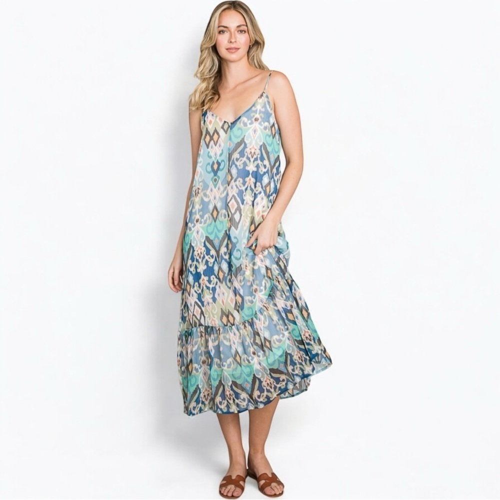 NWT Sleeveless Boho Ruffle Printed Woven Blue Green Cami Maxi Dress